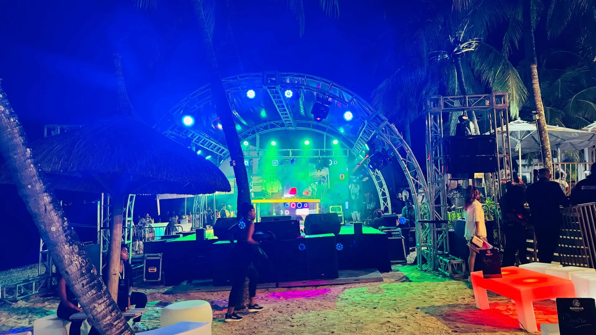 Beach festival stage at night, Mauritius