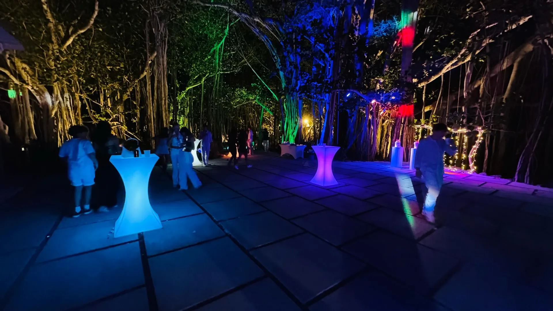 Garden event with LED cocktail tables at night